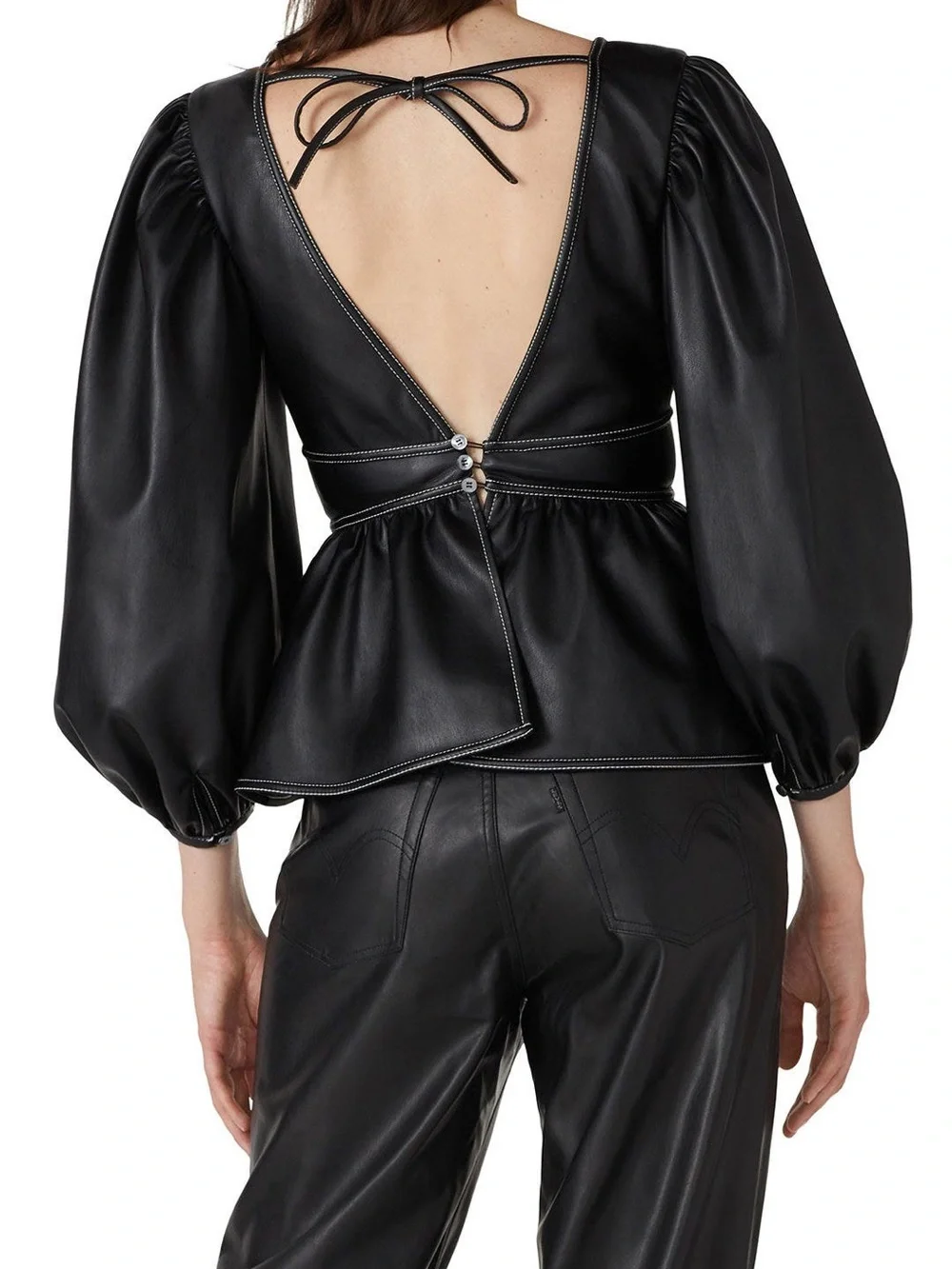 STAUD Black Faux Leather Peplum Top with Puff Sleeves